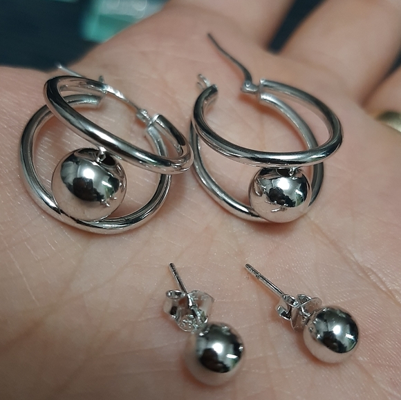 2 Sets Elegant Silver Hoop and Stud Earrings - Picture 1 of 10